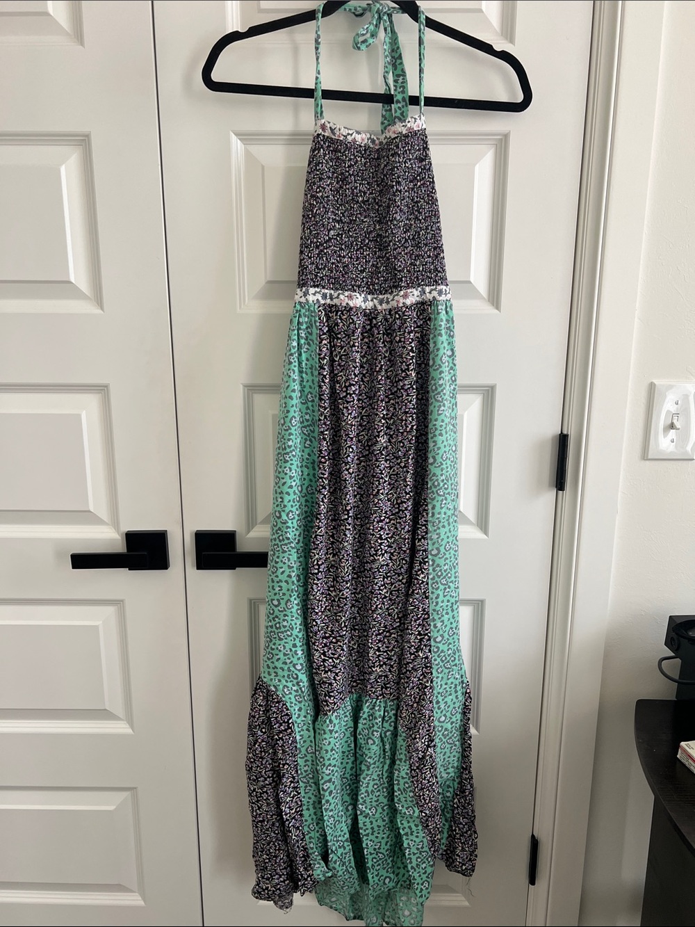 Urban Outfitters Mint and Black Mixed-Print Halter Maxi Dress